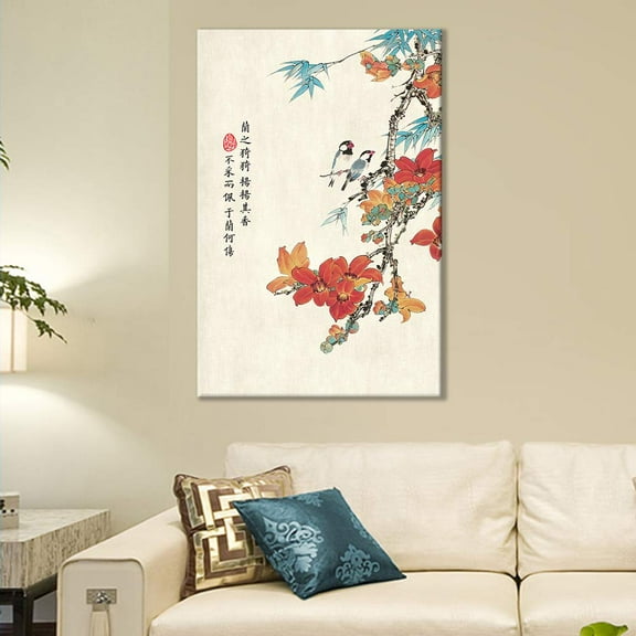 wall26 Canvas Wall Art of Colorful Flowers and Birds Oriental Style | 32x48 inches