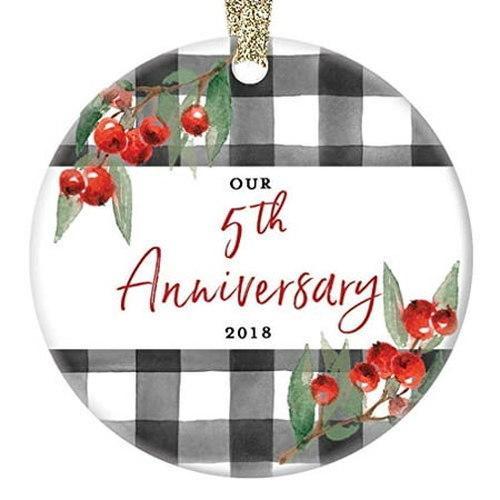5th Anniversary Ornament Fifth Wedding Christmas 2019 Five 5 Years Married Couple Ceramic Collectible for Partner Wife Husband Spouse Gift 3