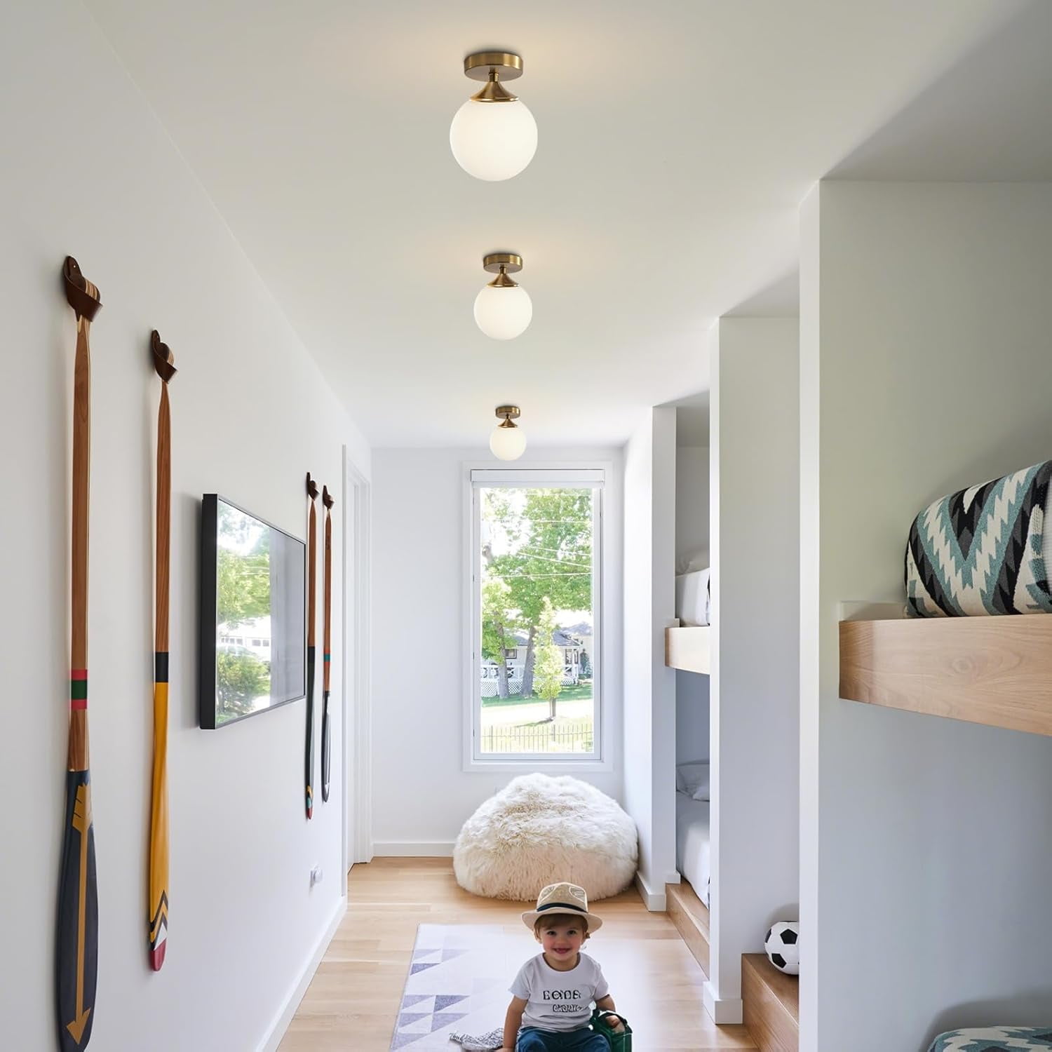 KCO Lighting Milk Glass Globe Semi Flush Mount Ceiling Light Mid Century Modern Gold Ceiling Lamp
