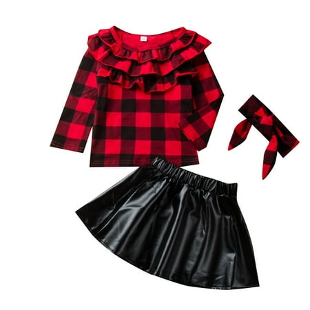 

Honeeladyy Kids Baby Girls Ruffle Plaid Tops+Leather Skirt Short Skirt + Hairband Sets Red