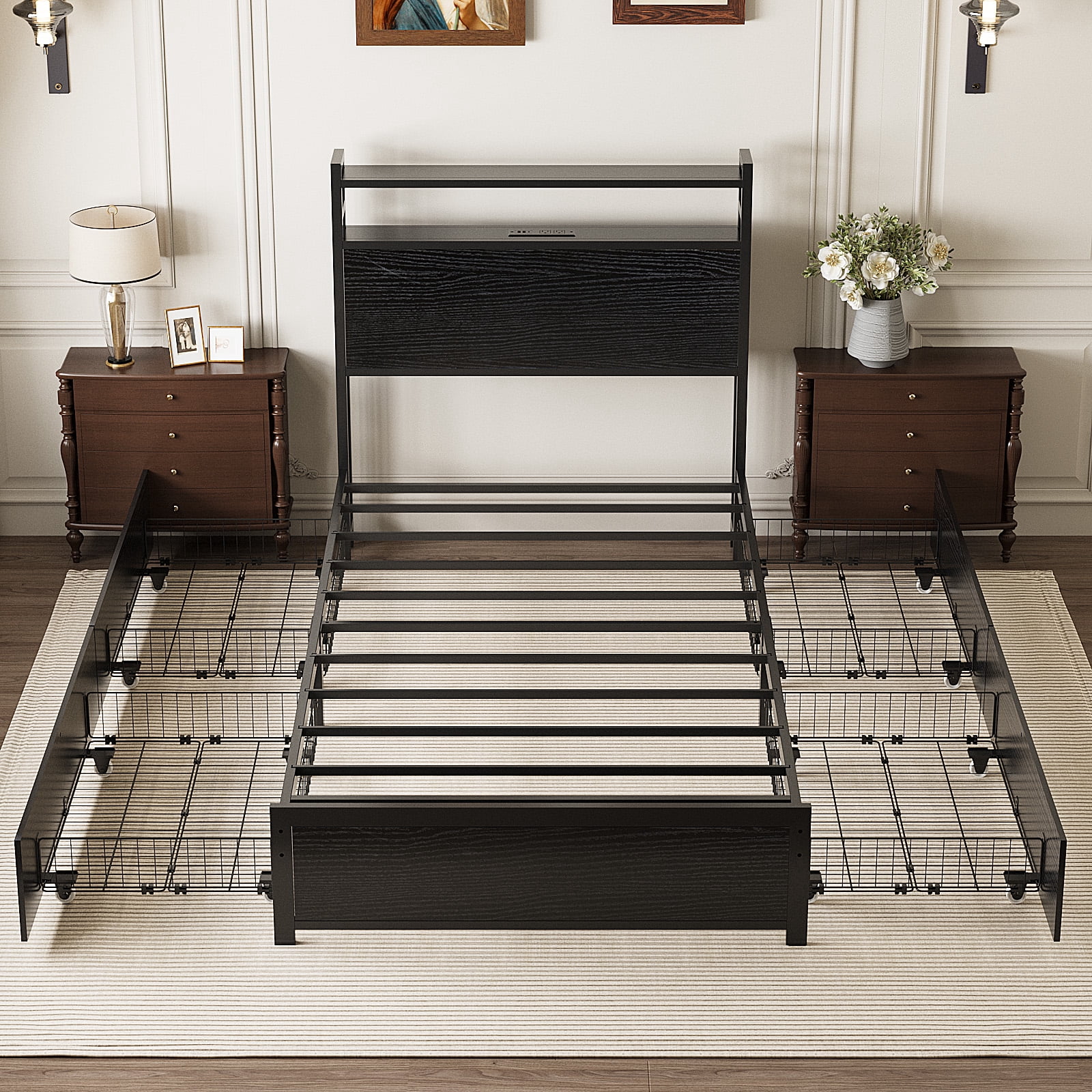Zimtown Twin Bed Frame with 2-Tier Storage Headboard, Metal Platform Bed Frame with 4 Storage Drawers, Built in Charging Station & LED, Black