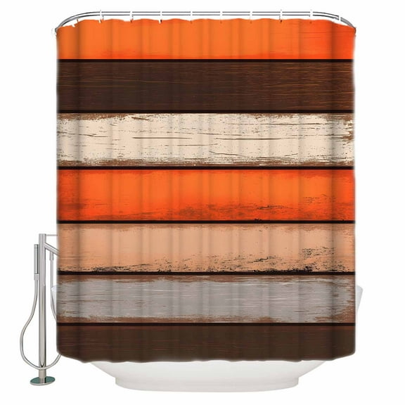 54x78 Inch Shower Curtain Decorative Orange Brown Bathtub Bath Curtains Fabric Waterproof Bathroom Decor Vintage Wooden Abstract Geometric Stripes Small Stall Shower Curtain Set with 12 Hooks