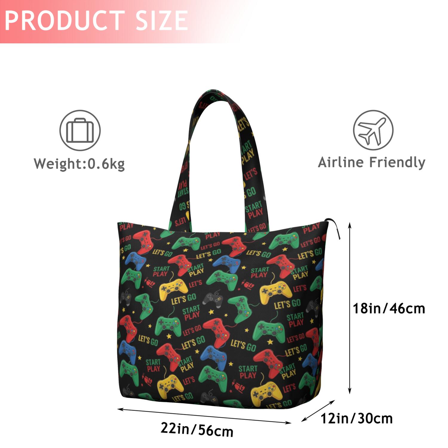 Colorful Controllers Games Icons Black Pattern Travel Tote Bags for Women Carry On,Large Weekender Bags for Women Travel,Multi Functional Duffle Bag for Work,Shopping,Sports