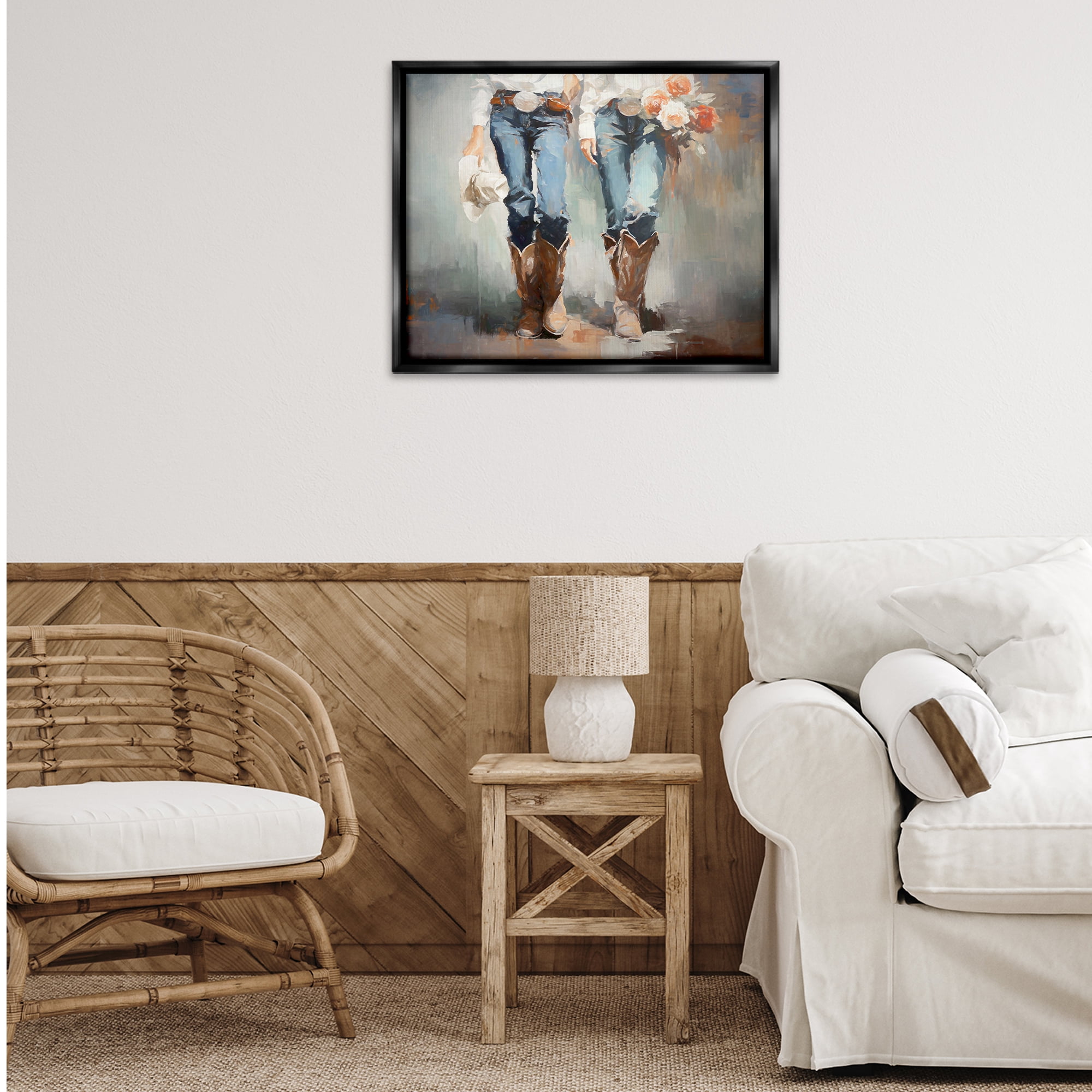 Stupell Industries Floral Cowgirl Pair Novelty Painting Black Floater Framed Canvas Art Print Wall Art, 31 x 25