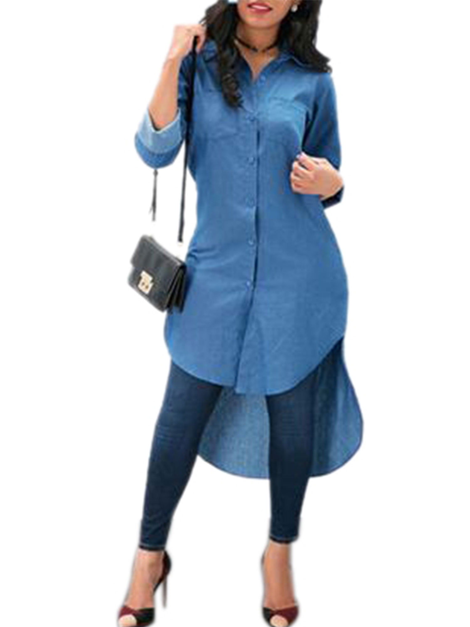 Women Button Denim Shirt High Low 