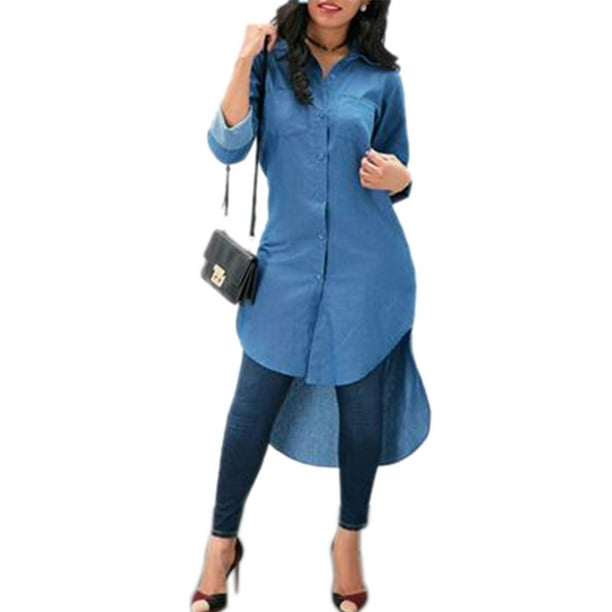 Himone Denim Tops For Women Casual Jeans T Shirt Long Sleeve Lapel Neck Button Through Blouse Loose Asymmetrical Hem Top Dress Walmart Com Walmart Com