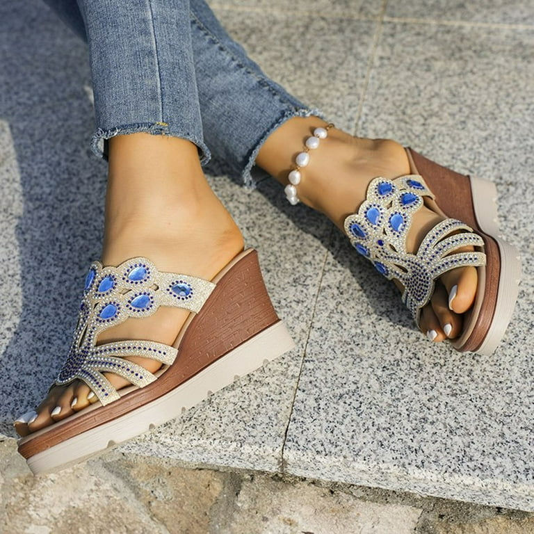 EHQJNJ Female Espadrilles for Women Flat Platform Women s Fashion Wedge Sandals Strap Diamond Wedge High Heels Summer Wedges for Women Closed Toe Arch
