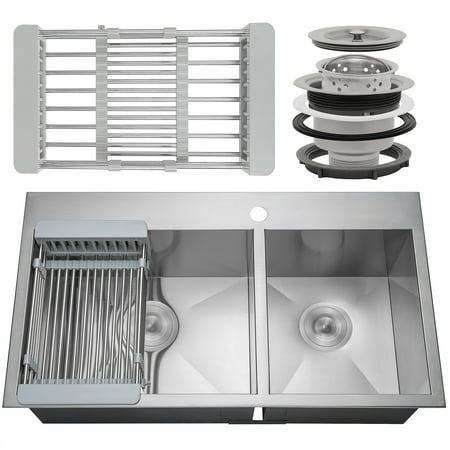 Akdy 33 X 22 X 9 Handmade Stainless Steel Top Mount Kitchen Sink Dual Basin Tray Strainer Kit
