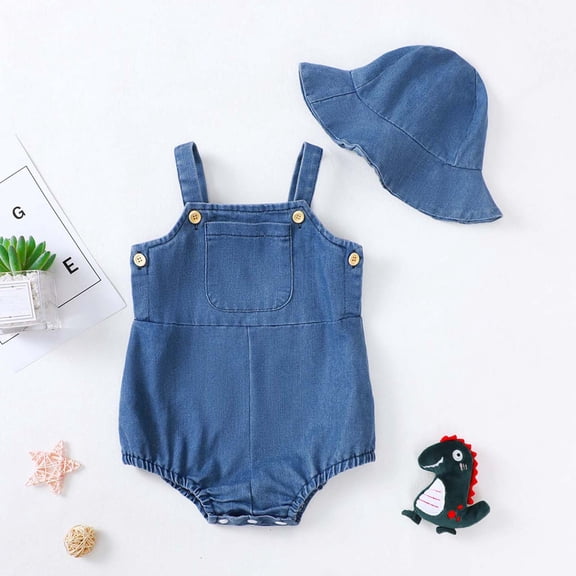 YHAJDS Unisex Baby Sleeveless Romper Denim Bib Overalls With Hat 2 Piece Set Summer Jumpsuit Infants Bodysuit