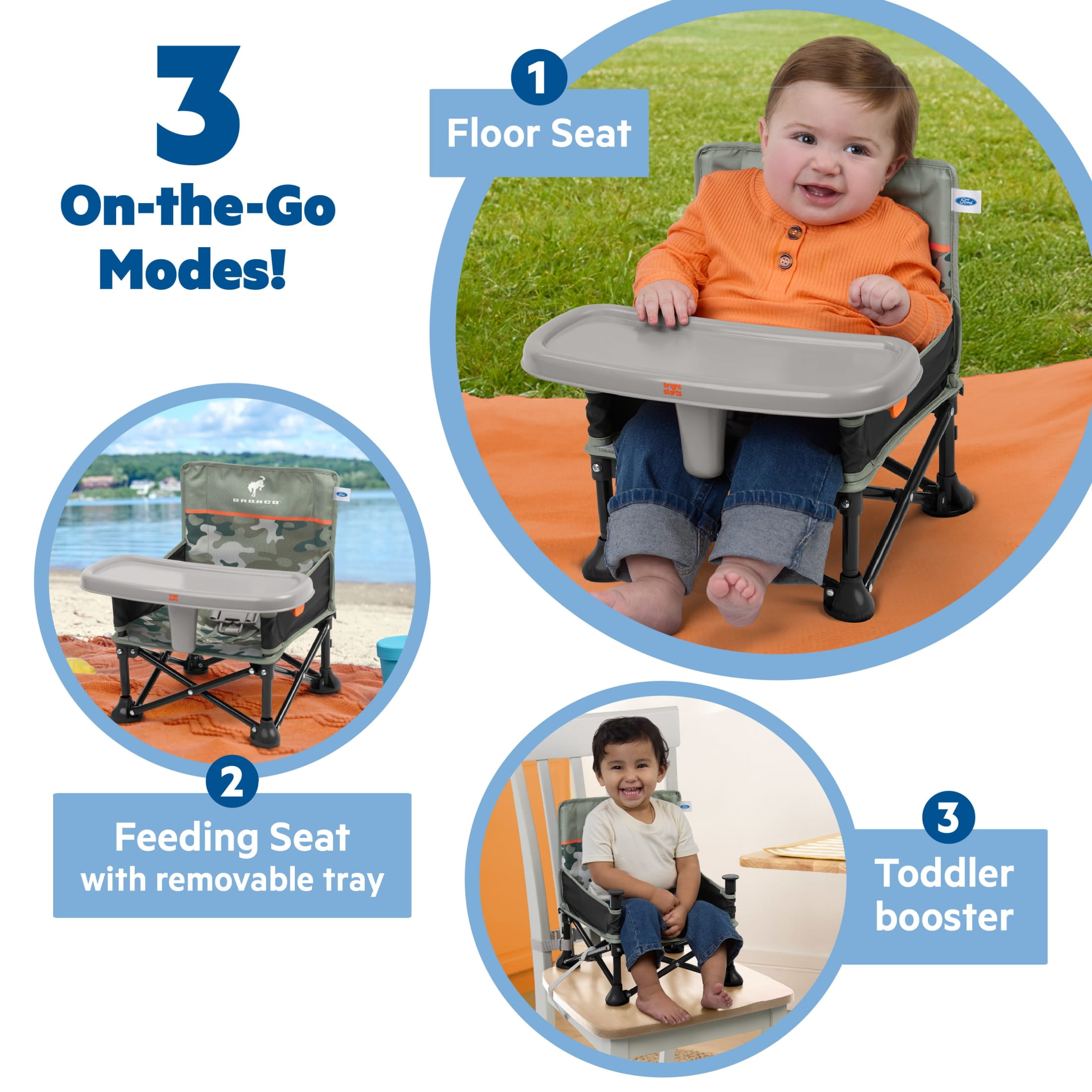 Ford Bronco Pop 'N Sit Portable Booster Chair by Bright Starts, Camo, Unisex, Infant to Toddler