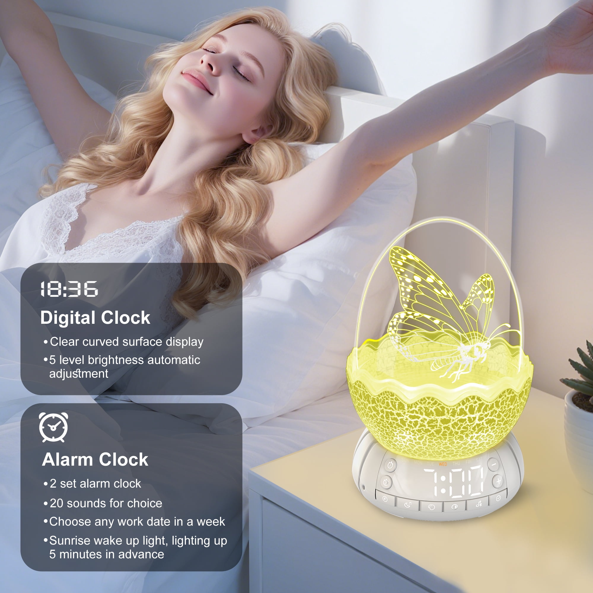 Butterfly Night Light Sleep Lamp with Lullaby White Noise LED Décor Light with Digital Clock Alarm Clock Gifts for Boys & Girls (Butterfly)