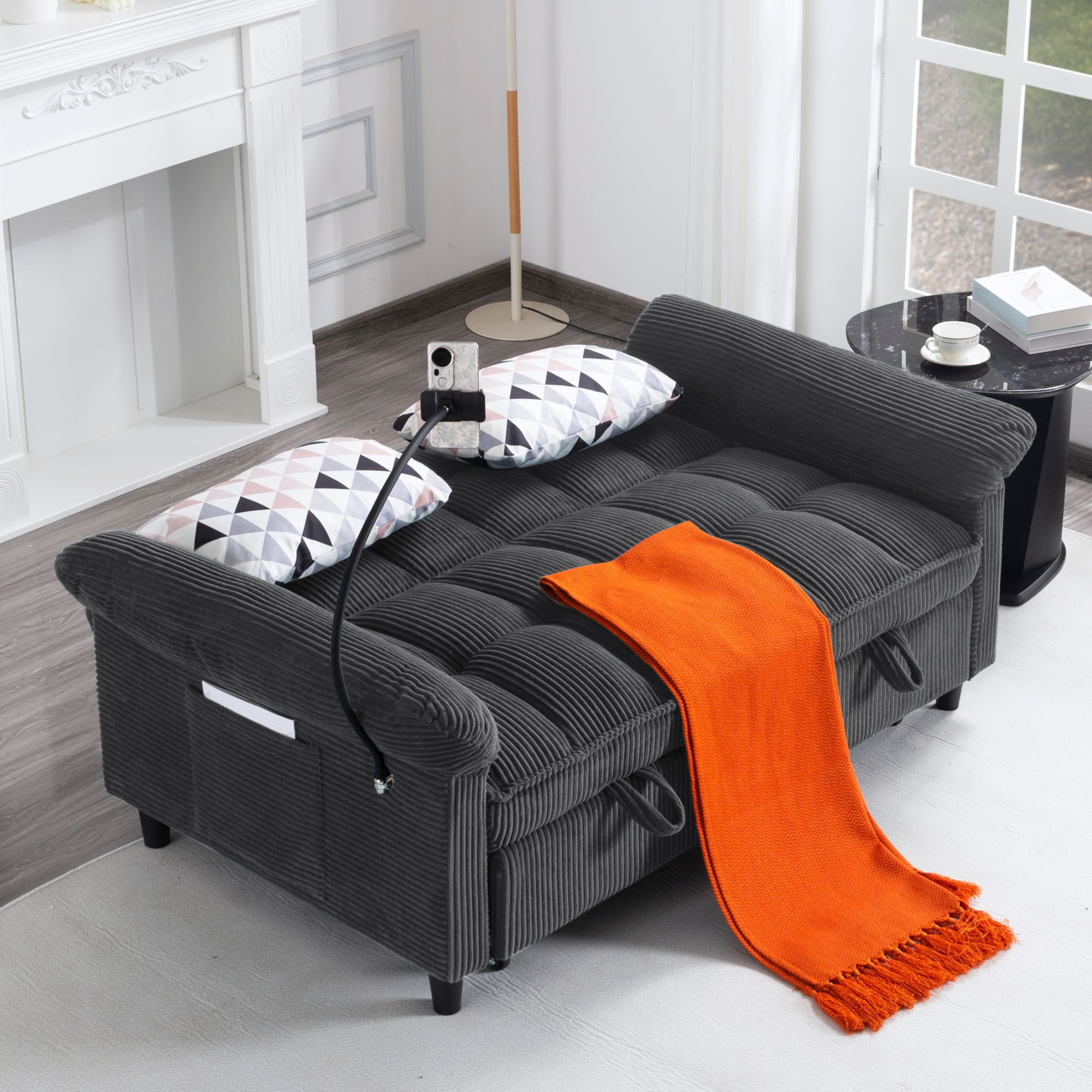 BSHTI 58.27" Corduroy Convertible Sofa Bed with Pull Out Sleeper, 3-Position Backrest, Storage Pocket for Living Room Guest Room, Black（Dark Grey）