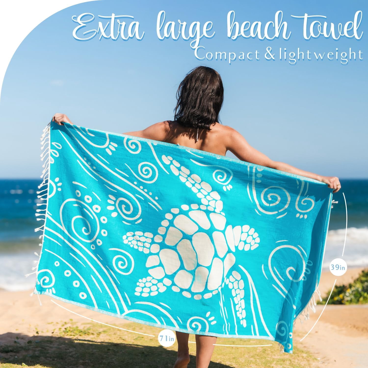 WEKAPO Turkish Beach Towel 39"x71" Oversized, 100% Cotton, Ultra Absorbent & Sand Resistant, Extra Large Beach Towel, Perfect for Beach, Bathroom, Pool, Travel (Turquoise Sea Turtle)