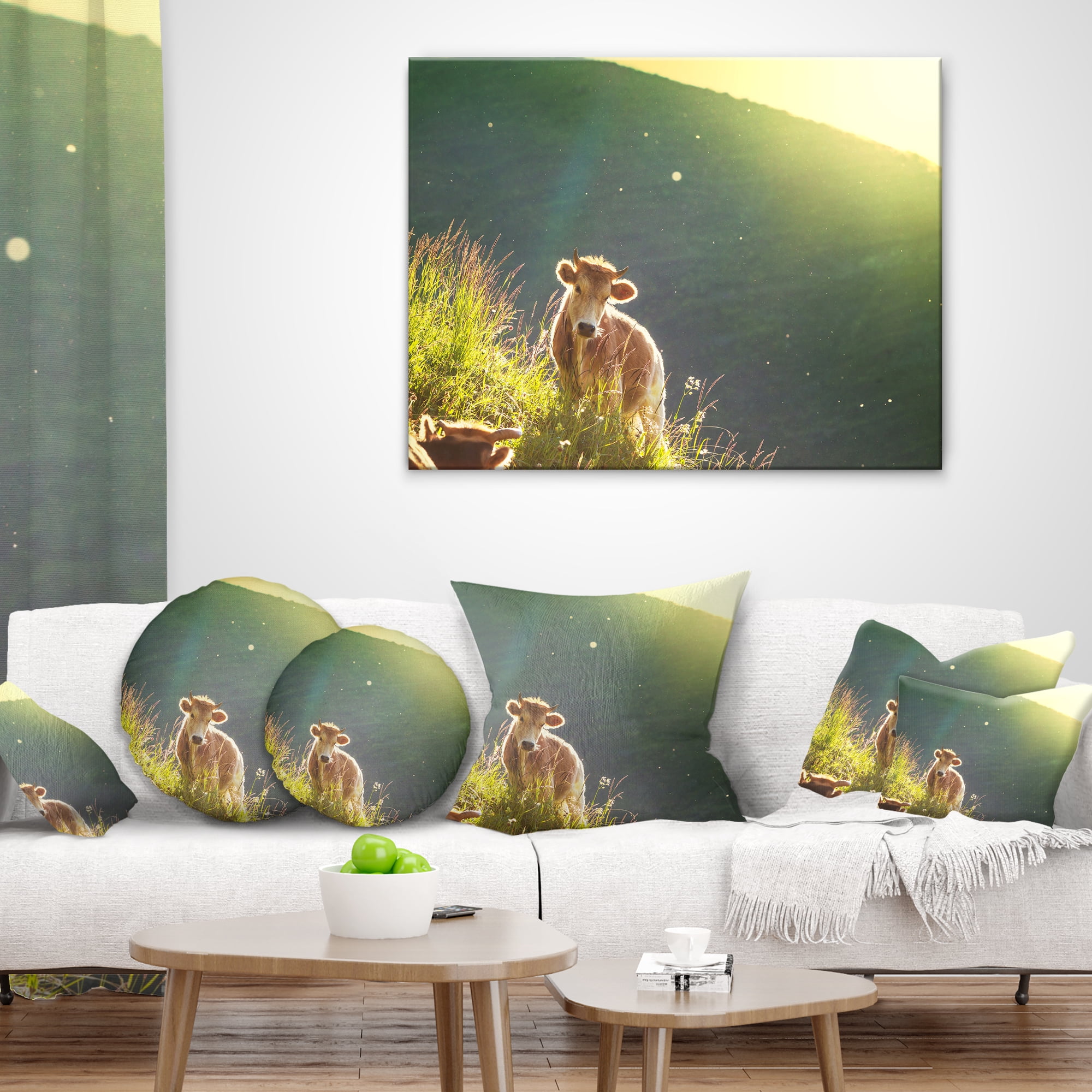Designart Cow Grazing on Meadow Evening - Landscape Printed Throw Pillow - 12x20