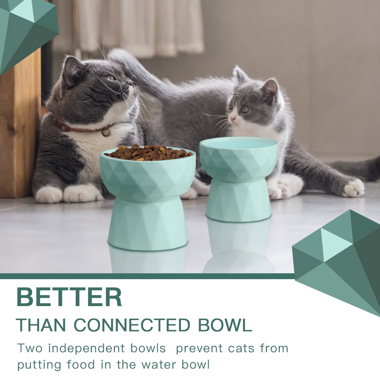 Frewinky Cat Bowls,Ceramic Cat Bowls Anti Vomiting,Raised-Cat Food and Water Bowl set for Cats and Small Dogs,13.5 Oz，Green