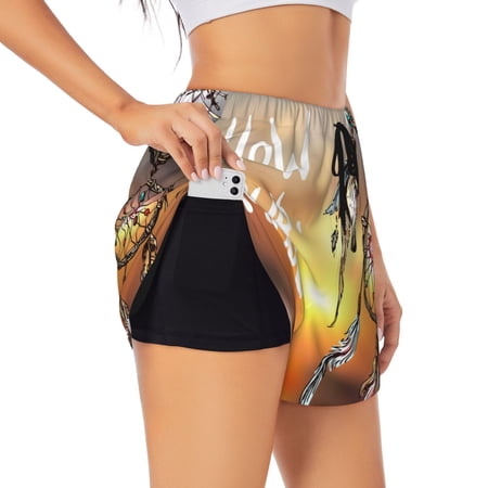 Picia Follow Your Dream Dreamcatcher Pattern Women's 2 in 1 Athletic Running Shorts High Waisted Workout Casual Gym Sweat Shorts with Comfy Liner Zipper Pockets-Medium