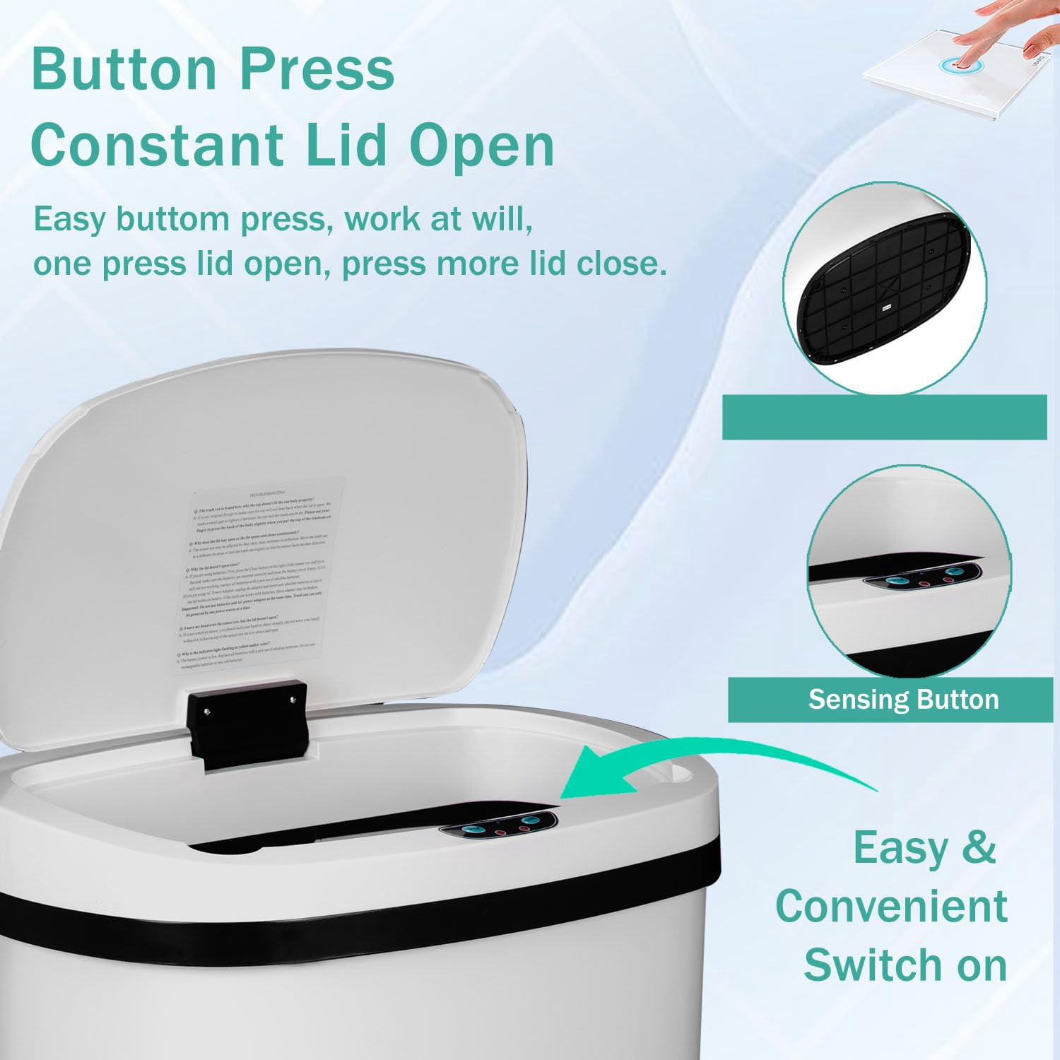 13-Gallon Kitchen Trash Can White Stainless Steel Garbage Can Automatic Touch Free Garbage Bin Motion Sensor Trash Can with Lid Metal Waste Bin for Living Room, Kitchen, Bathroom, Office