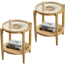 RUSTOWN Rattan Nightstands Set of 2,Boho Wood Round Side Tables, 2-Tier Natural End Table with Glass Top and Wood Legs, Sofa Side Table Bedside Table for Living Room Bedroom Couch(Natural)