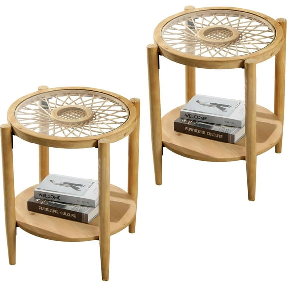 RUSTOWN Rattan Nightstands Set of 2,Boho Wood Round Side Tables, 2-Tier Natural End Table with Glass Top and Wood Legs, Sofa Side Table Bedside Table for Living Room Bedroom Couch(Natural)