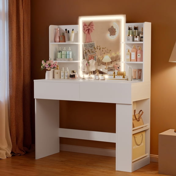 Homall Vanity Desk with 3 Colors LED Lighted Mirror, Makeup Vanity with Storage Shelves and Drawers, Vanity Table Dressing Table for Bedroom, White
