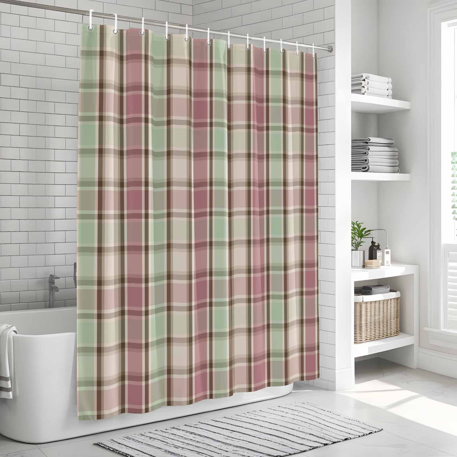 Buffalo Plaid Shower Curtain, Waterproof Shower Curtains for Bathroom, Farmhouse Red Green Beige Check Gingham Washable Fabric Bathtub Curtain Set Bath Decor with 12 Hooks Standard 72"x72"