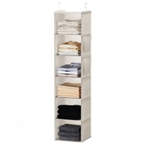 Beige Closet Hanging Organizer With 6 Shelves And Side Pockets For Clothes