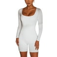 thumbnail image 1 of hirigin Women’s Square Neck Ribbed Romper, Long Sleeve Solid Color Skinny Jumpsuit Shorts, 1 of 9