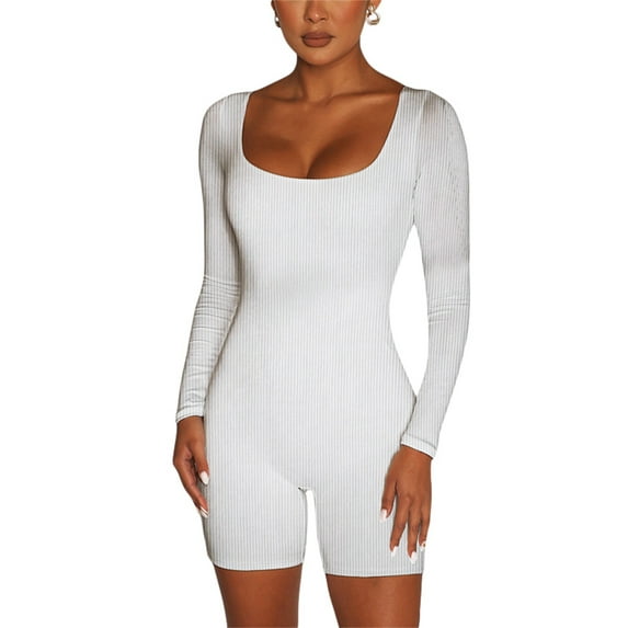 hirigin Women’s Square Neck Ribbed Romper, Long Sleeve Solid Color Skinny Jumpsuit Shorts