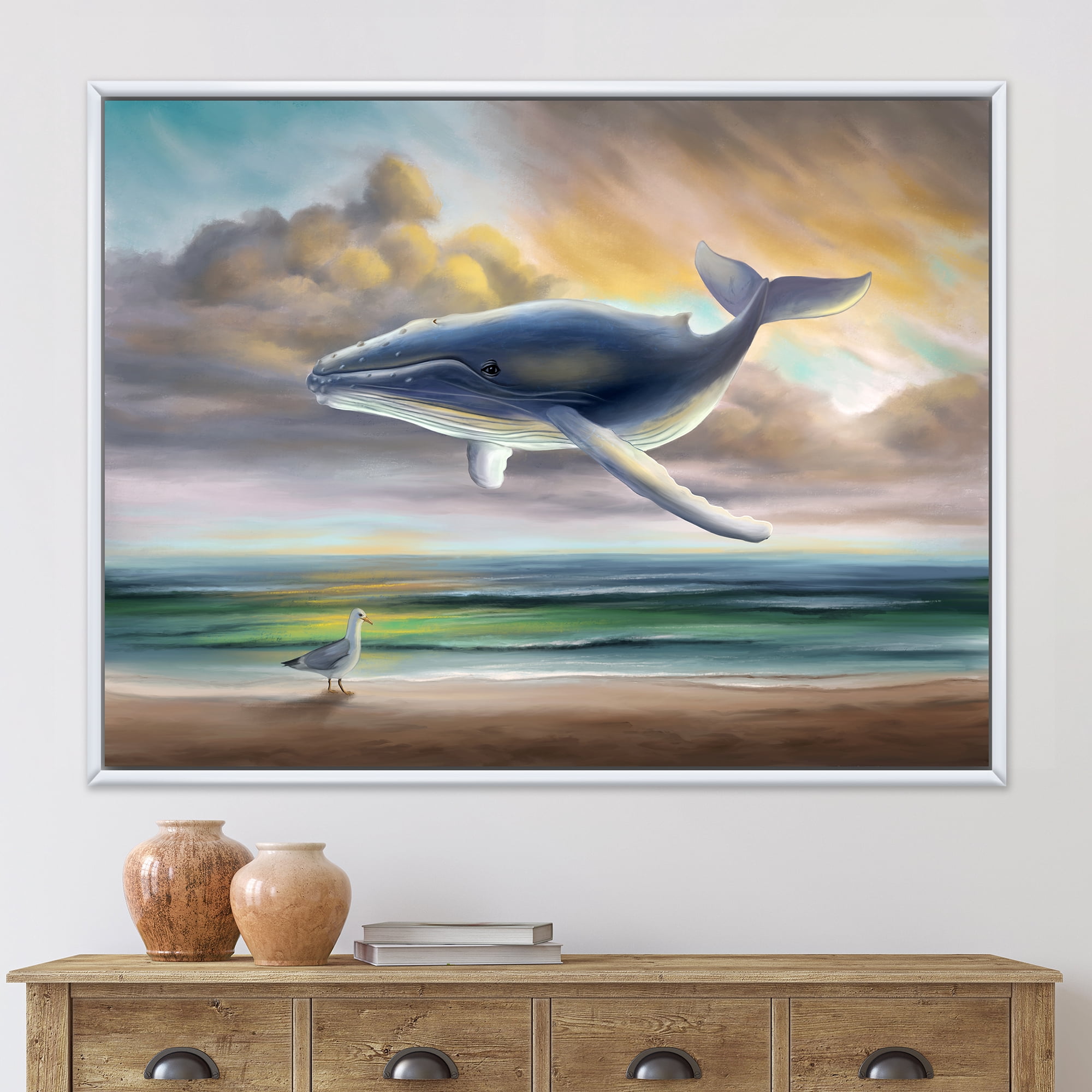 Designart 'Whale Floating In The Sky Over Beach' Children's Art Framed Canvas Wall Art Print