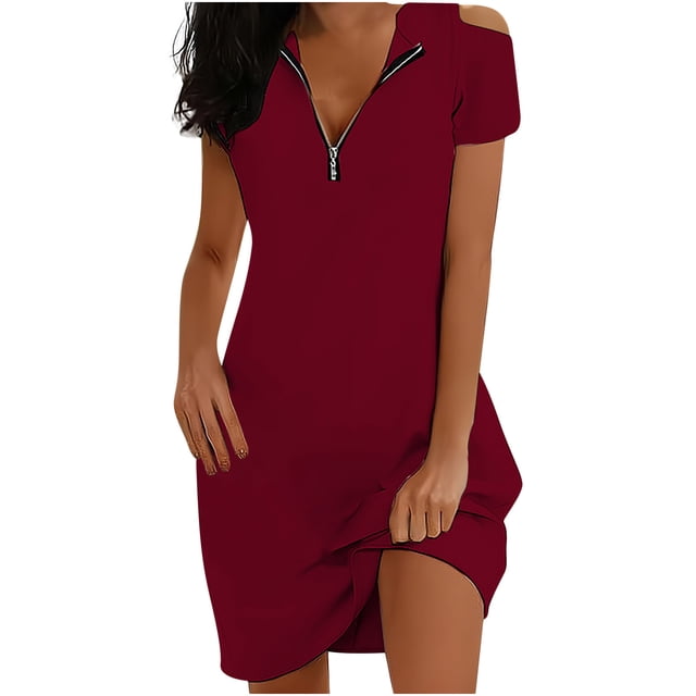 QIPOPIQ Robes Midi pour Femmes à Étages à Manches Courtes Tendance Unies Décontractées à Fermeture Éclair Robe d'Été Col Vacances Robe à Épaules Dénudées Offres 2023