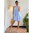 thumbnail image 4 of Blue And White Sleeveless Halter Neck Frill Trim Striped Vacation Dress For Women, 4 of 6