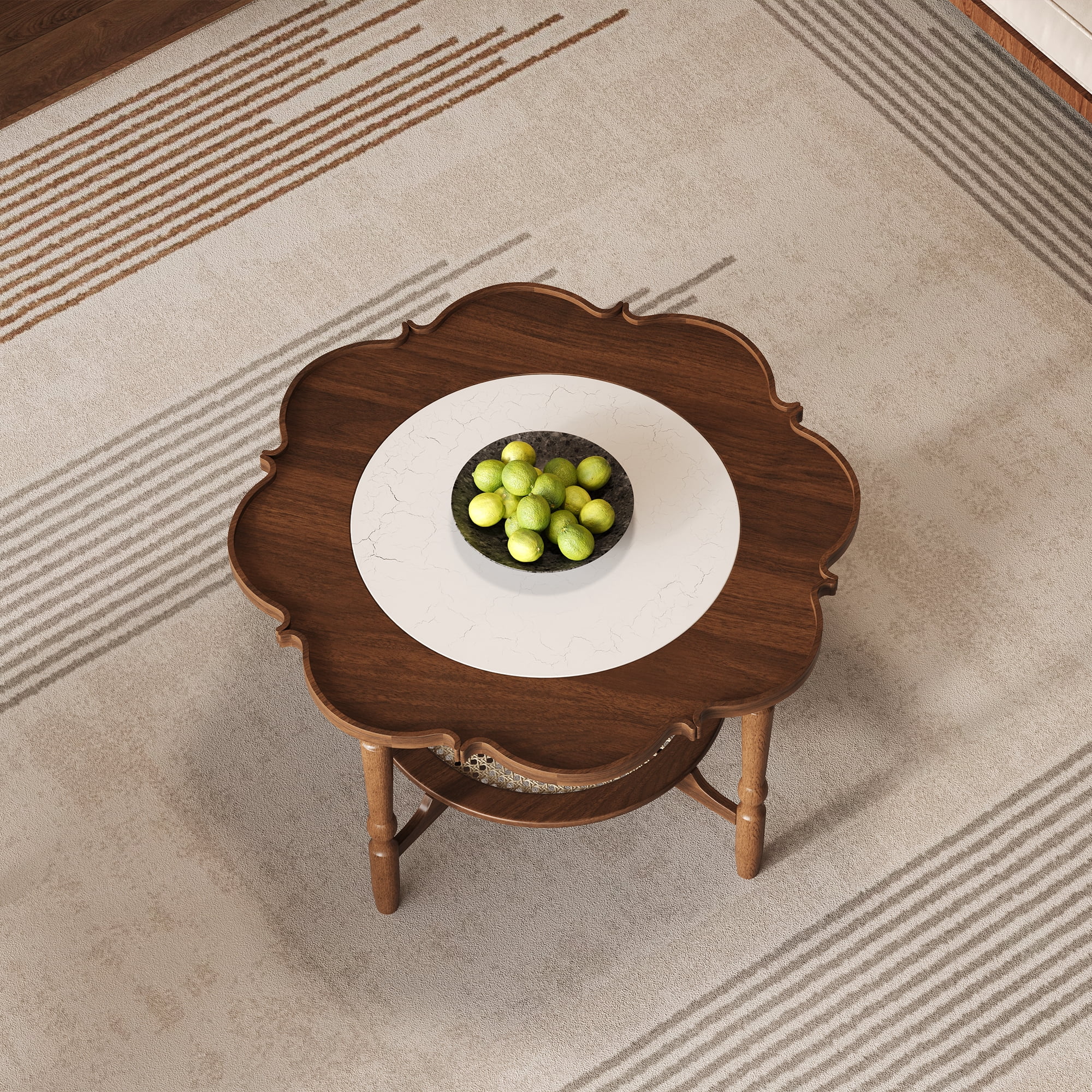 Euroco Mid-Century 31.5" Petal-Shaped Coffee Table with Crackle Glass Top and Rattan Shelf