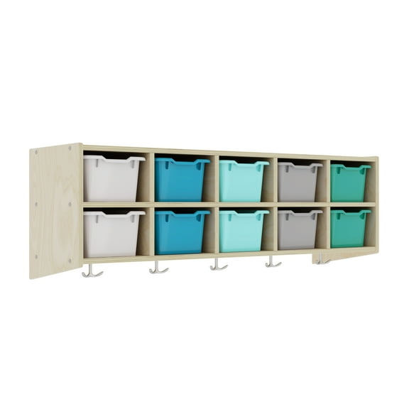 ECR4Kids Streamline 10-Section Hanging Cubby Coat Locker and 10 Scoop Front Storage Bins, Natural