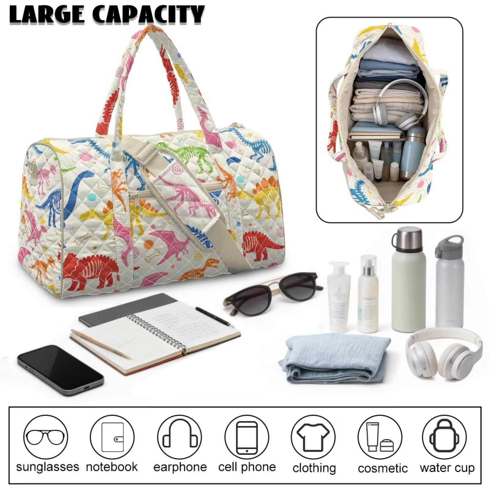 Xixirimido Colored Dinosaur Skulls Print Travel Duffle Bag Weekender Bags Sport Gym Bag for Women Men, Hospital Bag for Labor and Delivery, Overnight Bags with Trolley Sleeve