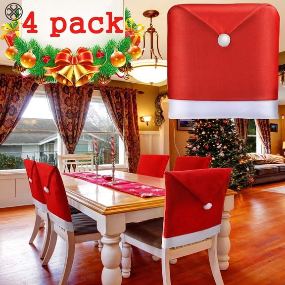 Luxtrada 4 Pcs Christmas Chair Back Cover Santa Claus Hat Slipcovers for Dining Room Home Kitchen Chair Covers Set