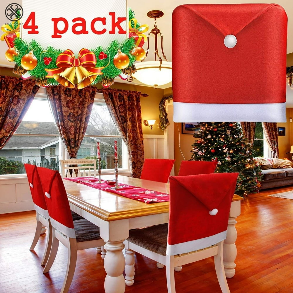 Luxtrada 4 Pcs Christmas Chair Back Cover Santa Claus Hat Slipcovers
