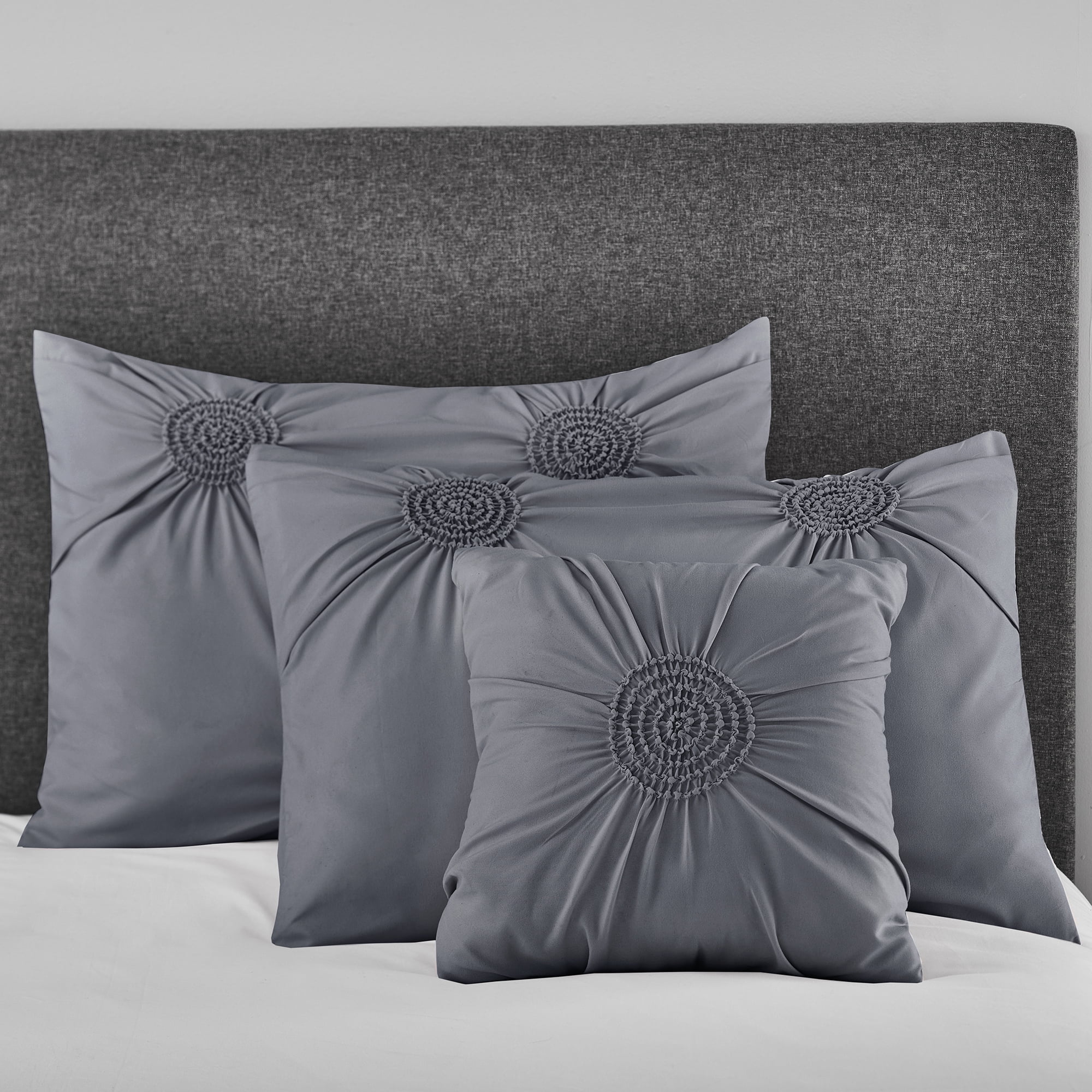 Mainstays Circle Ruched Solid King Sham and Decorative Pillow Set, Grey