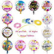 Happy Birthday Balloons (50-Pieces) with 100 Meter Ribbons - Helium Floating Mylar Balloon- 18 Inches Round Inflatable Balloon