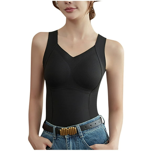 JIUKE Womens Tank Tops with Built in Bra V Neck Sleeveless Pajamas Undershirts Soft Comfy Base Layer Top