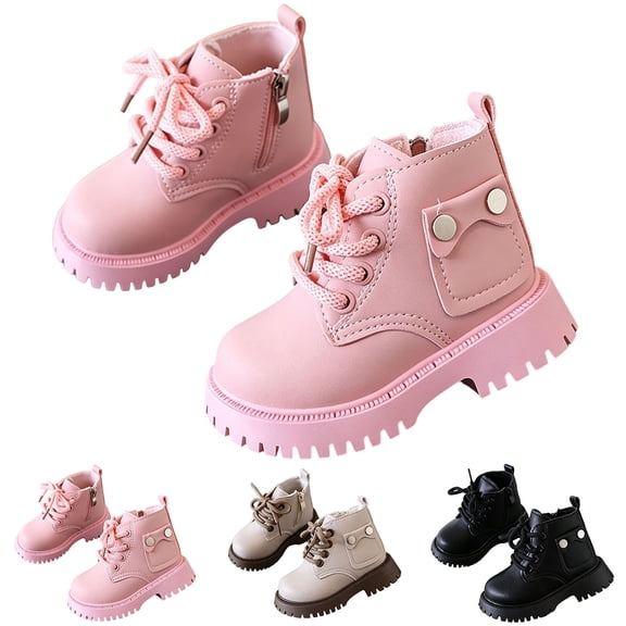 HAOTAGS Girls Martin Boots, Side Zipper Lace Up Soft Sole Non Slip Short Princess Boots for Kids Students Pink Size 11.5 Little Kids
