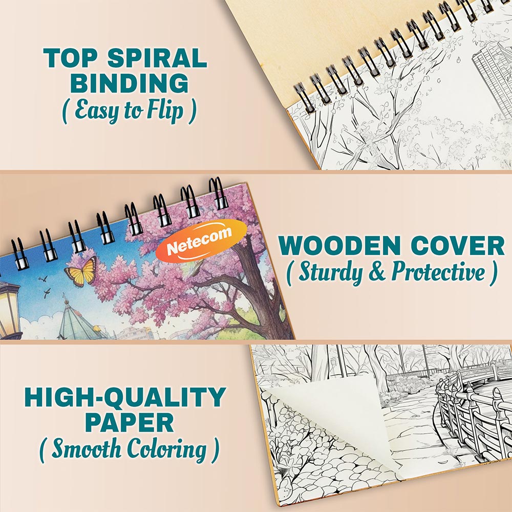 City Parks in Spring Coloring Book Spiral Bound For Adults, A5 Wooden Cover, 30 Beautiful Coloring Pages of Blossoming Flowers for Relaxation and Stress Relief