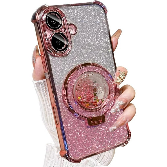 for iPhone 16 Plus Case Stand & Ring Holder, Woman Girly Moving Liquid Bling Kickstand Built-in Camera Lens Protector Shockproof Protective Soft Phone Cover for iPhone 16 Plus 6.7" (Pink)