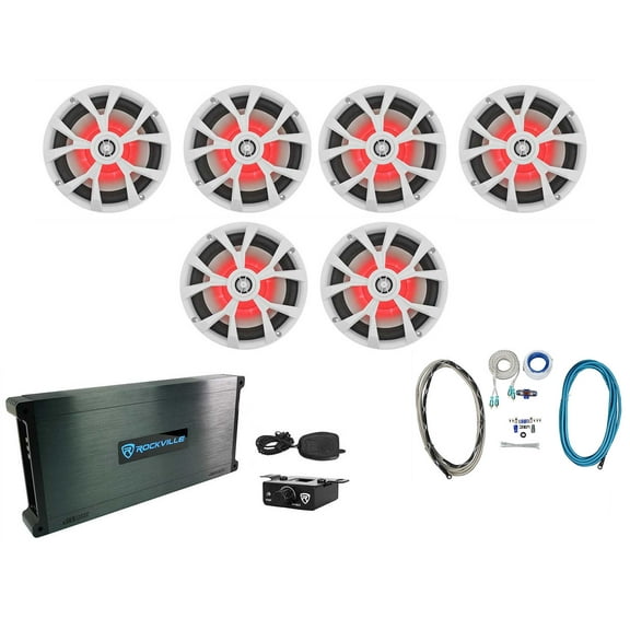 (6) Rockville RKL80MW 8" 700w Marine Boat Speakers w/LED Amplifier Amp Kit