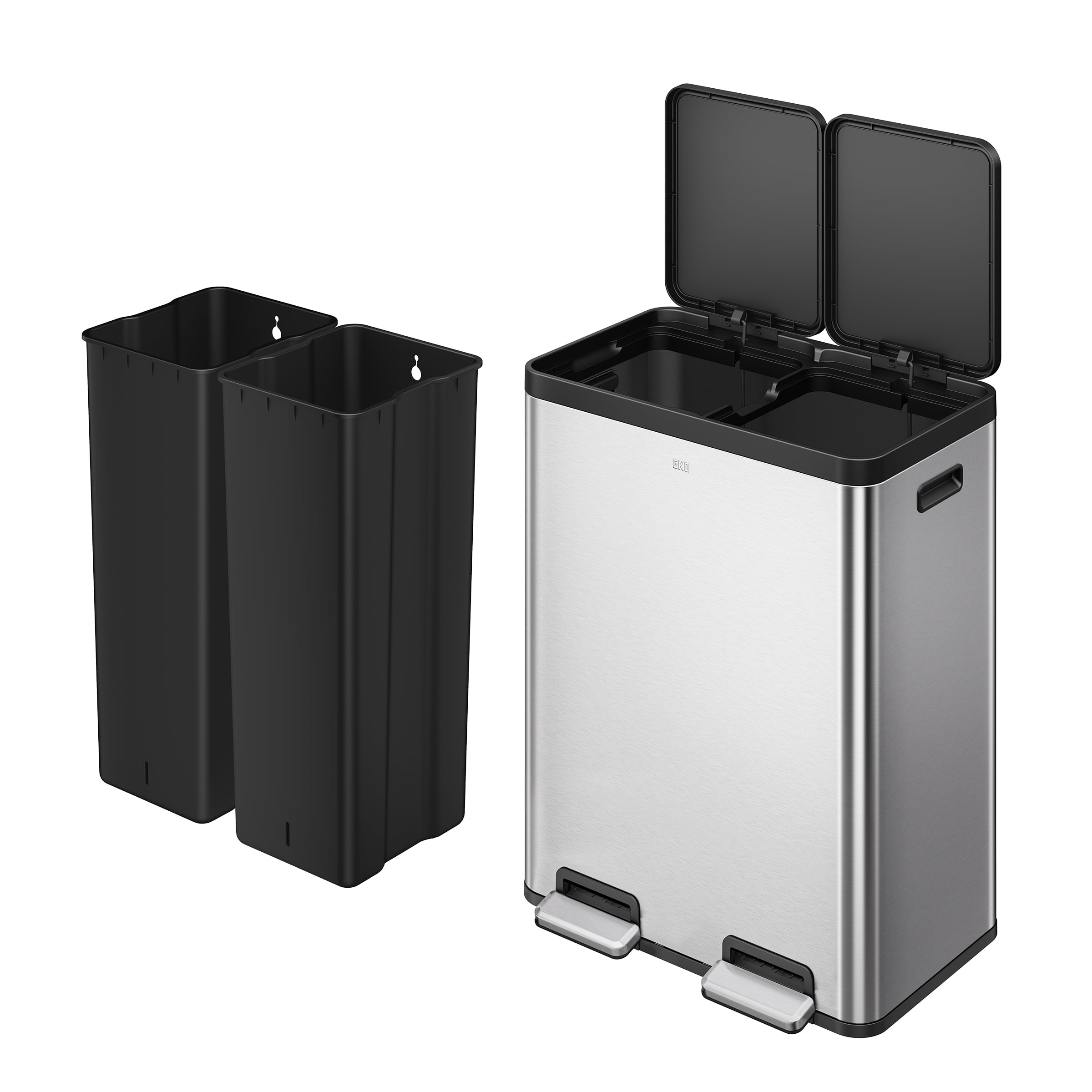 EKO Essential Kitchen Recycling Trash Can, 16 Gallon, Stainless Steel, Silver with Sample Trash Bags Included