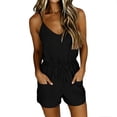 thumbnail image 5 of Lcziwo Casual Short Rompers for Women Drawstring Elastic Waist Solid Loose Jumpsuits Spaghetti Strap V Neck Pockets Summer Outfits Black,XXL, 5 of 7