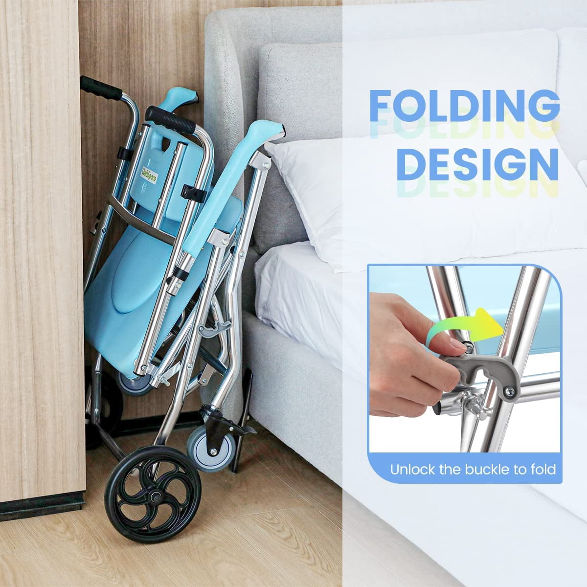 OasisSpace Folding Shower Commode Wheelchair - 300lbs Bedside Commode with Padded Seat, Waterproof Rolling Shower Chair with Arms and Backrest, Shower Chair with Wheels (FSA or HSA Eligible)
