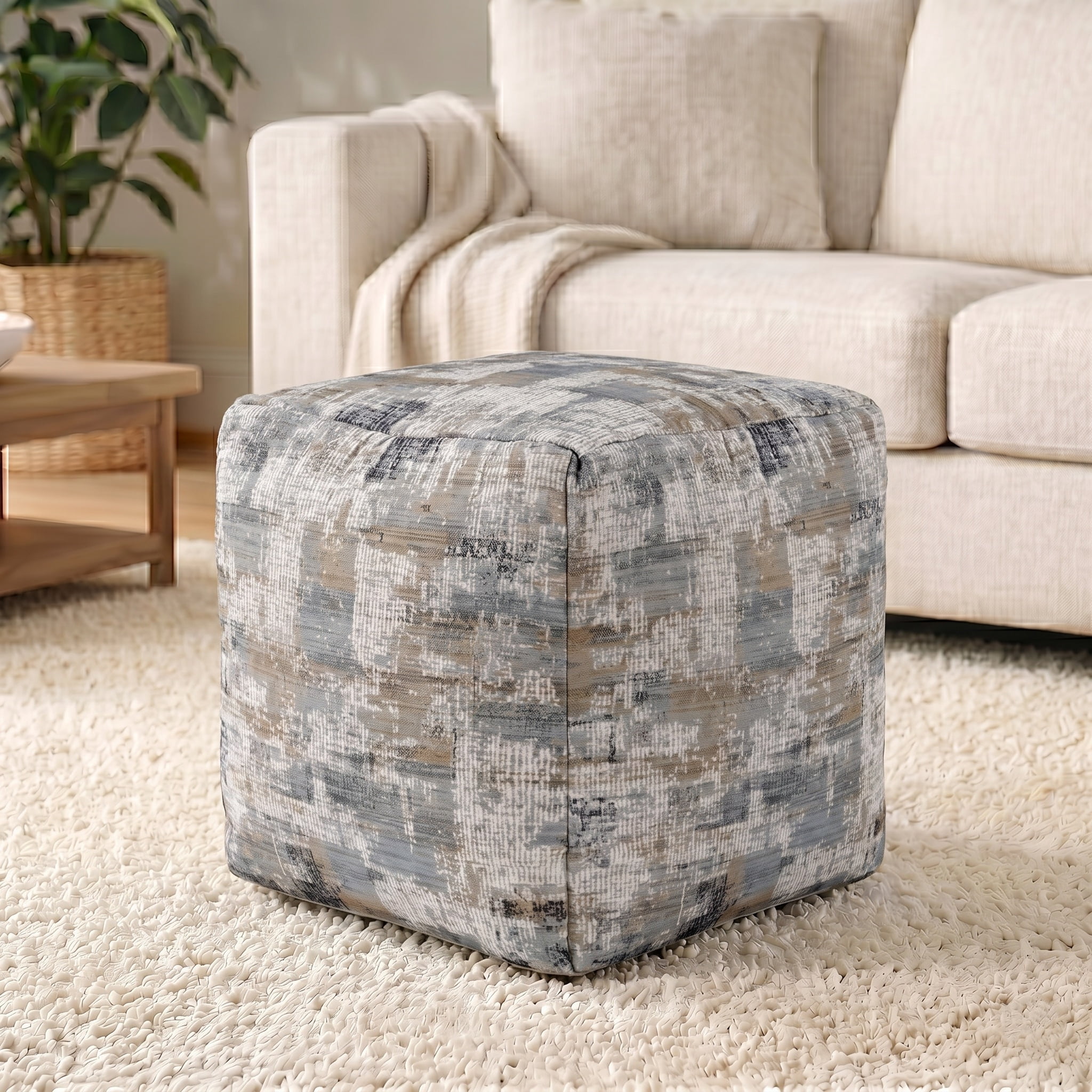 Ox Bay Orlando Taupe/Blue Abstract Medium Square Indoor Pouf Ottoman, 18" H x 18" W