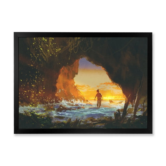 Designart 'The Sea Cave At Sunset With The Man Walking In' Nautical & Coastal Framed Art Print