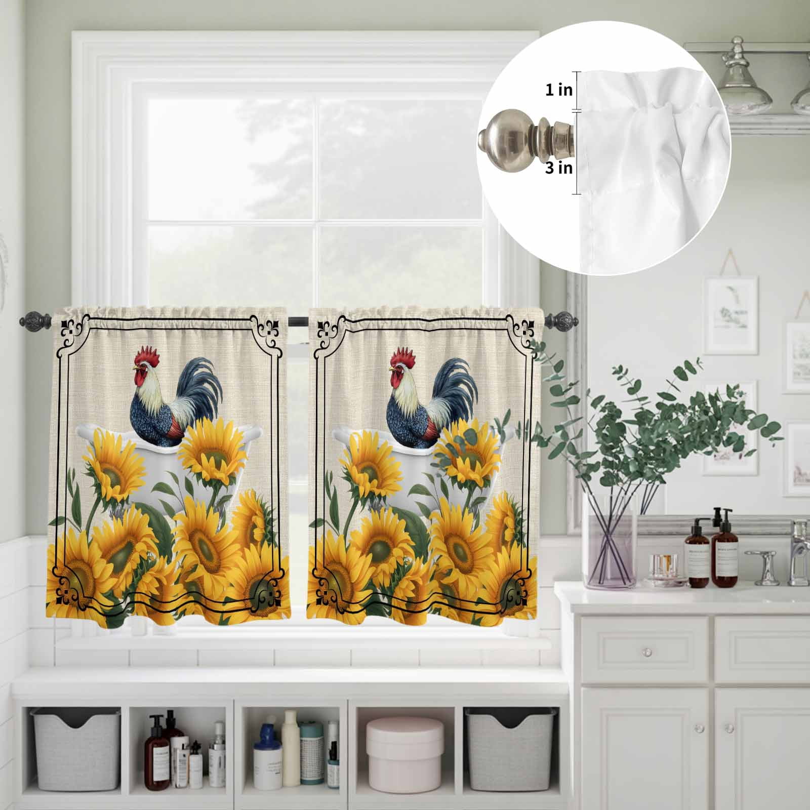 Farmhouse Kitchen Curtains Valances 3 Piece Set, Chicken in Bathtub Sunflowers Retro Border Linen Rod Pocket Tier Curtain and Valance Drapes for Small Window 24 Inch Length for Bedroom Cafe