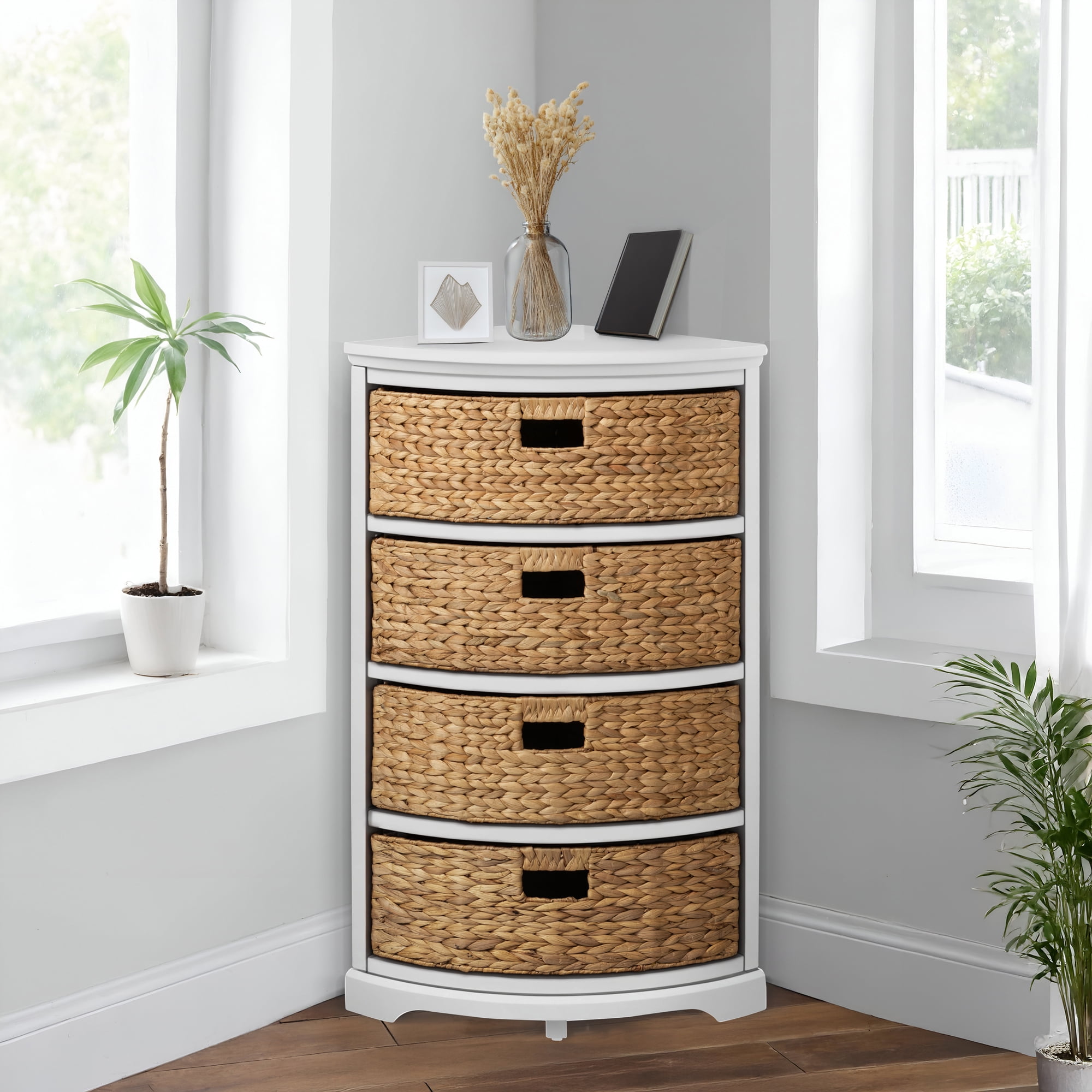 eHemco Hampton Meadows 4 Tier X-Side Corner Storage Cabinet with 4 Wicker Baskets, White